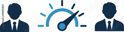 Customer satisfaction rating concept with speedometer gauge between user icons, service quality feedback evaluation business performance illustration