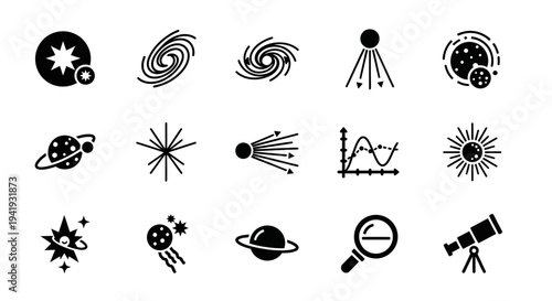 Collection of astronomy-related icons representing celestial bodies and scientific tools in a simple black and white illustration style