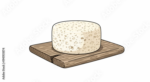 A round, white cheese with a porous texture rests on a wooden cutting board