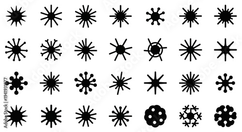 A collection of diverse starburst and flower-like icons displayed in a grid pattern on a plain surface from a direct viewpoint