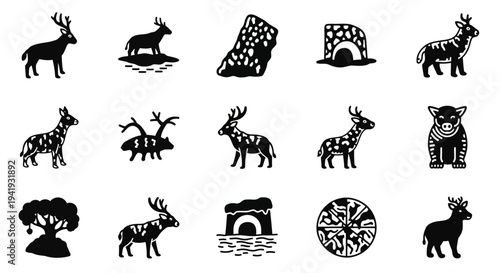 Collection of black animal silhouettes including deer and giraffes in various poses on a plain background
