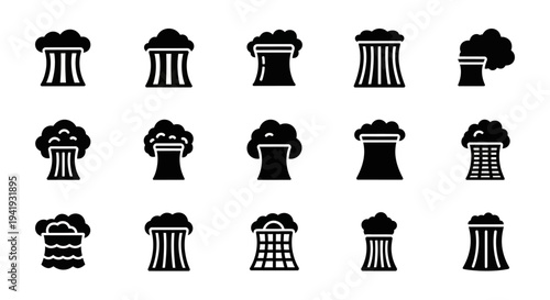 Collection of industrial cooling tower silhouettes against a clean background viewed from the side