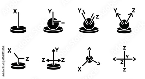 Various 3D Coordinate Systems Illustrated with Axes Orientations and Configurations