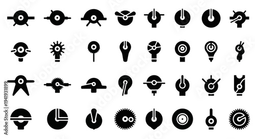 Collection of diverse black icons representing various abstract concepts and objects on a plain background viewed from a straightforward perspective