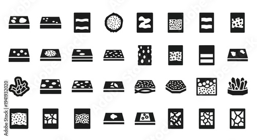 Collection of various black and white icons on a white background displayed from a direct viewpoint