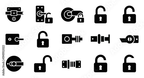 Collection of various lock icons displayed on a clean white background from a straightforward viewpoint