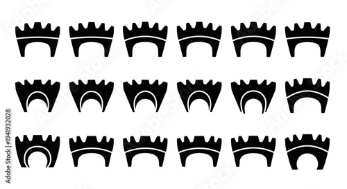 Collection of black crown silhouettes in various arch designs on a white background viewed from the front
