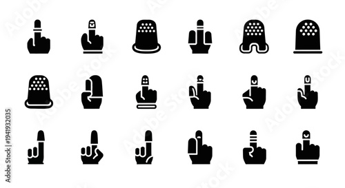 Collection of diverse hand gesture icons in black and white, illustrating various actions and emotions