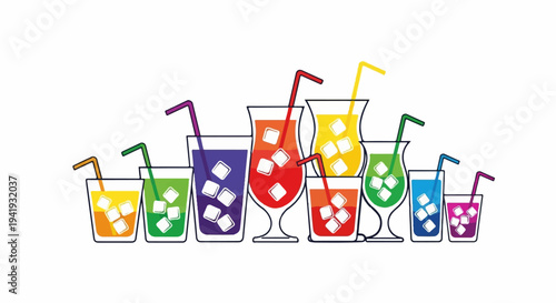 A row of colorful, ice-filled drinks with straws, against a white background
