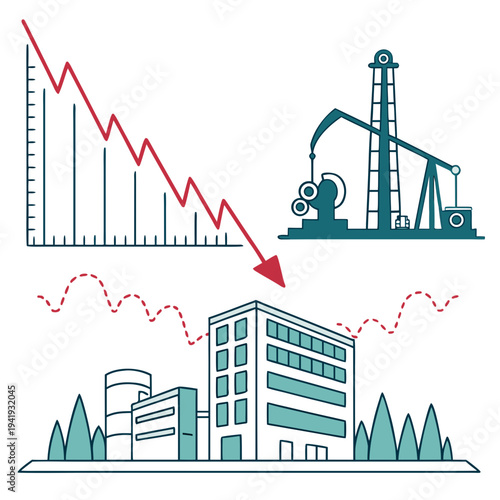 Industrial decline graph and cityscape with oil rig