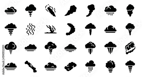 Collection of various weather condition icons representing different types of clouds and storms from a straightforward viewpoint