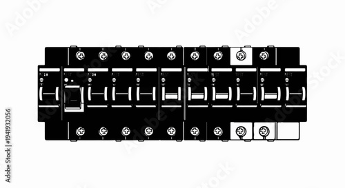 A row of electrical circuit breakers with test buttons and indicator lights