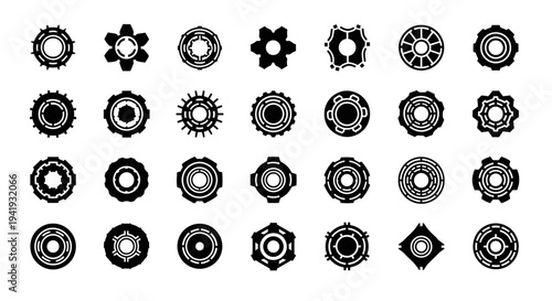 Collection of Various Black and White Gear Icons on a White Background from a Direct Viewpoint