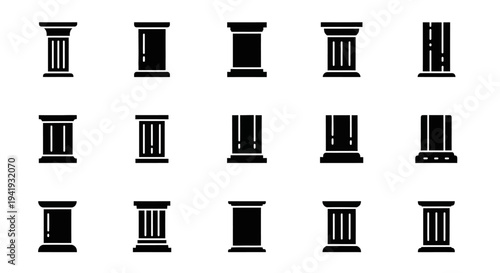 Collection of ancient Greek column capitals and bases in various styles illustrated in a grid pattern