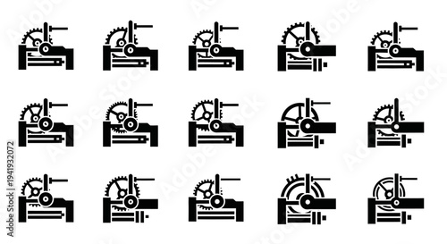 Multiple woodworking machinery icons arranged in a grid pattern on a clean background from a straightforward viewpoint