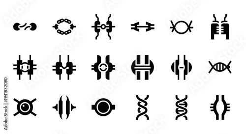 Collection of abstract black icons representing biology and science concepts displayed on a white background viewed from directly above