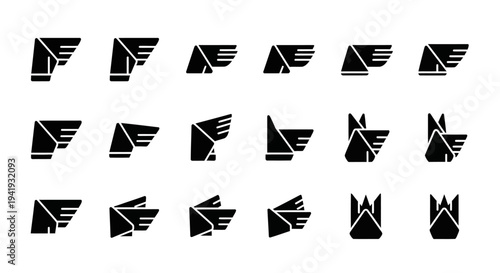 Collection of abstract wing and animal symbols arranged in a grid pattern on a plain background, viewed from a straightforward perspective