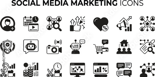 Social Media Marketing Icon Set for Digital Strategy Business Growth Online Advertising and Social Engagement 4k