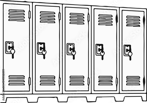 A row of five identical, simple line-drawing lockers, each with a key