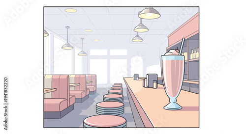 Retro diner interior with milkshake on counter in soft pastel colors