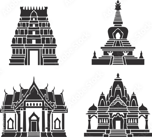  Asian Religious Temples and Places of Worship Silhouette Icons