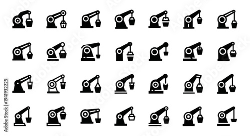 Collection of robotic arm icons in various poses and angles on a plain background