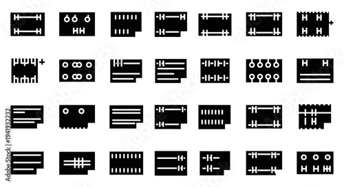 Collection of various black and white icons representing different graphical elements and symbols on a plain background from a straightforward viewpoint
