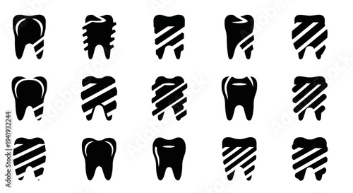 Collection of various black tooth icons with diagonal stripes on a clean white background
