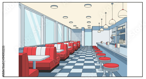 Retro diner interior with red booths and checkered floor