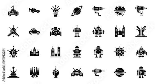 Collection of icons depicting various technology and machinery elements in a grid layout