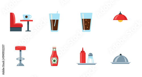 Retro diner elements set: drinks, seating, lamp, and condiments