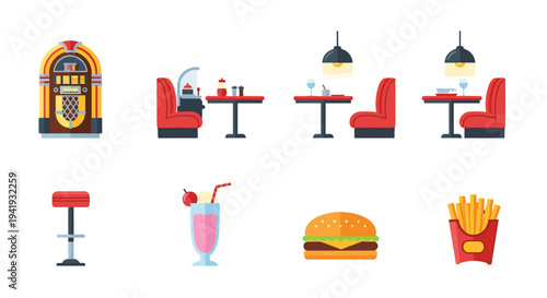 Retro diner elements with jukebox, seating, and classic menu items in flat design