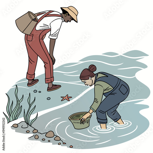 Man and woman searching sea creatures in shallow water with bucket