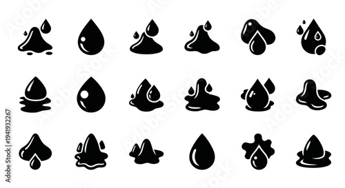 Collection of abstract black liquid droplet icons on white background, various shapes and forms displayed from direct viewpoint
