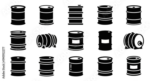 Illustration of various industrial barrels and containers in different styles and orientations displayed together