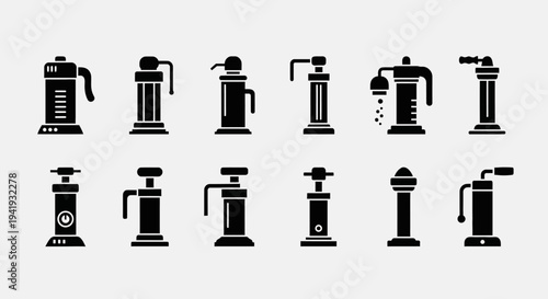 Collection of coffee grinder icons in various designs and functionalities displayed on a clean white background