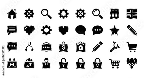 Collection of various icons representing different concepts and actions on a clean white background from a straightforward viewpoint