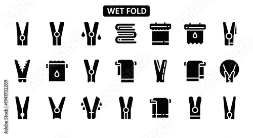 Collection of Laundry Icons Representing Wet Fold Process in Simple Black and White Illustrations