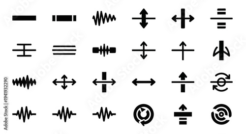 Collection of abstract symbols and icons representing various concepts and ideas in a simple black and white design