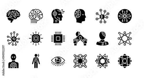 Illustration of abstract human icons representing thoughts, technology, and perception in modern design