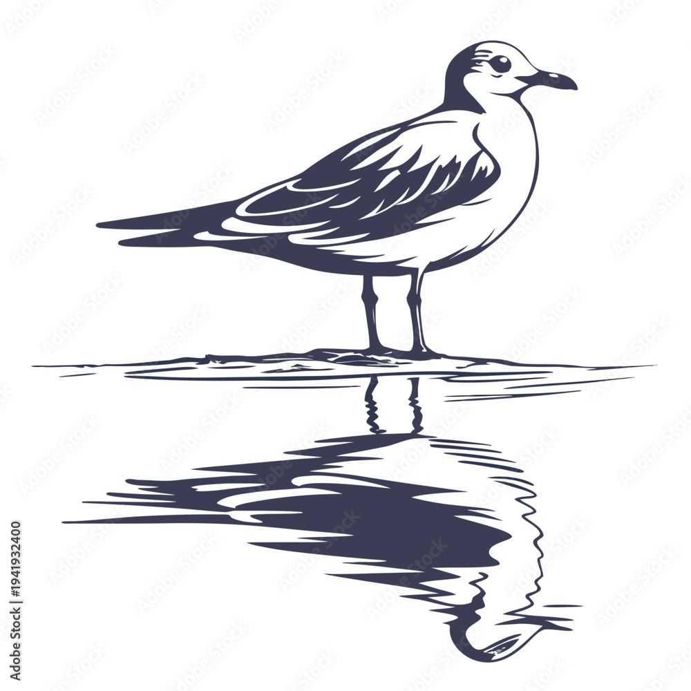 Fototapeta premium Seagull standing in water with reflection bird
