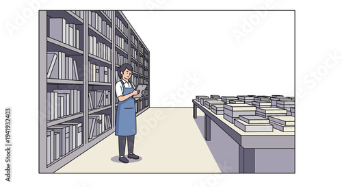 Librarian in modern library with bookshelves and table filled with books