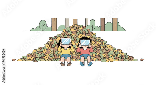 Kids enjoying autumn leaves with tablets in cartoon style
