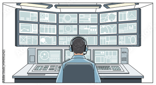 Control room operator monitoring multiple display screens in modern facility