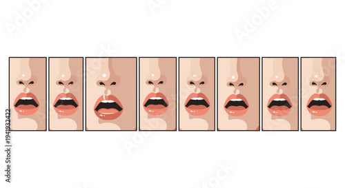 Set of cartoon style female facial expressions with different mouth positions