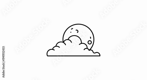 A minimalist line drawing of the moon peeking from behind a puffy cloud