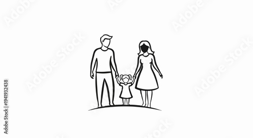 A minimalist line drawing of parents holding their child's hands