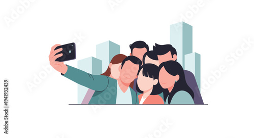 Group taking selfie in urban setting with skyscrapers in background
