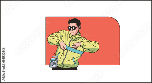 Stylish retro man with tape player and jacket against red background