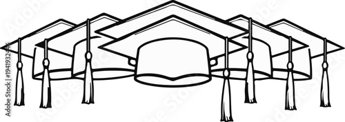 A row of graduation caps with tassels, depicted in a simple outline style